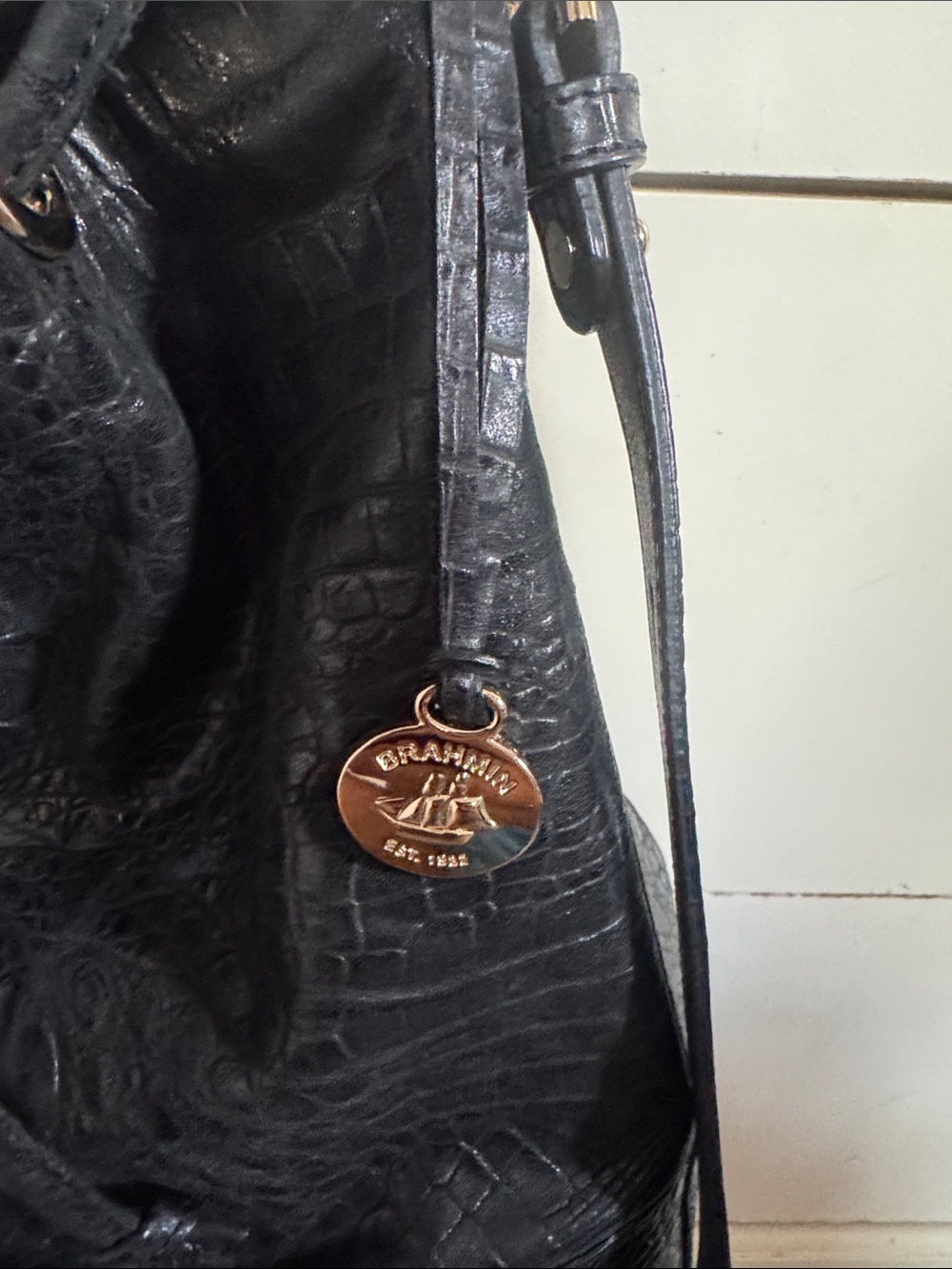 Brahmin Black Croc-Embossed Drawstring Hobo with Gold Accents - Picture 3 of 7